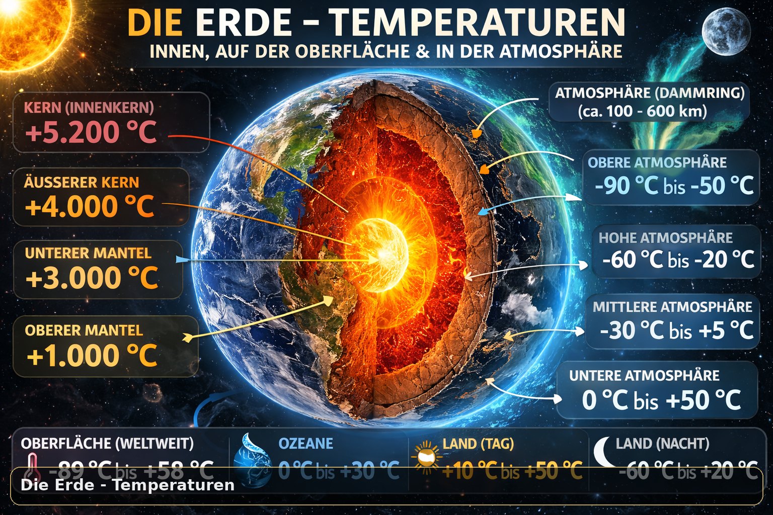 Temperaturen innen, außen und in der Atmosphäre